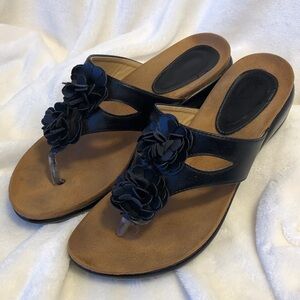 Darling Women's Black Sandals with Rosettes, Molded Suede Footbed, w/ Black Sole
